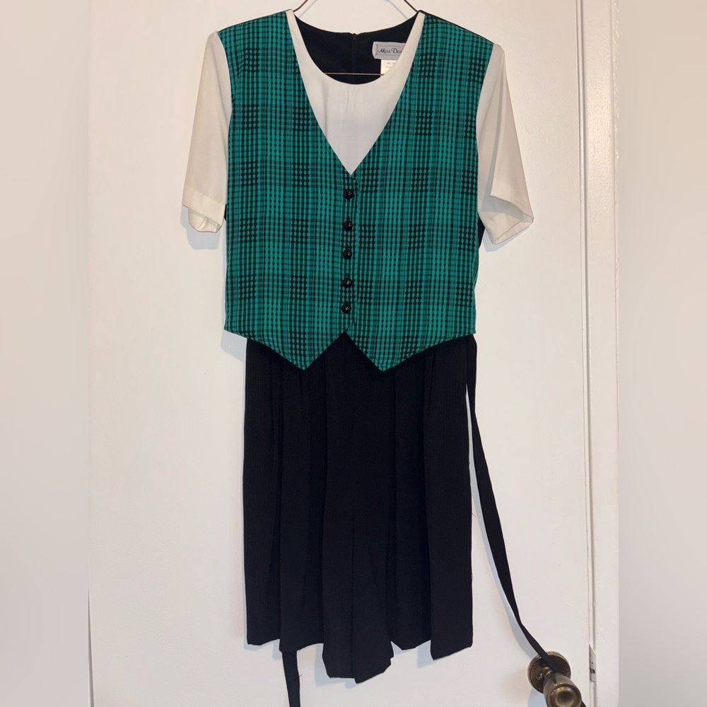 Vintage Green Plaid Vest Romper